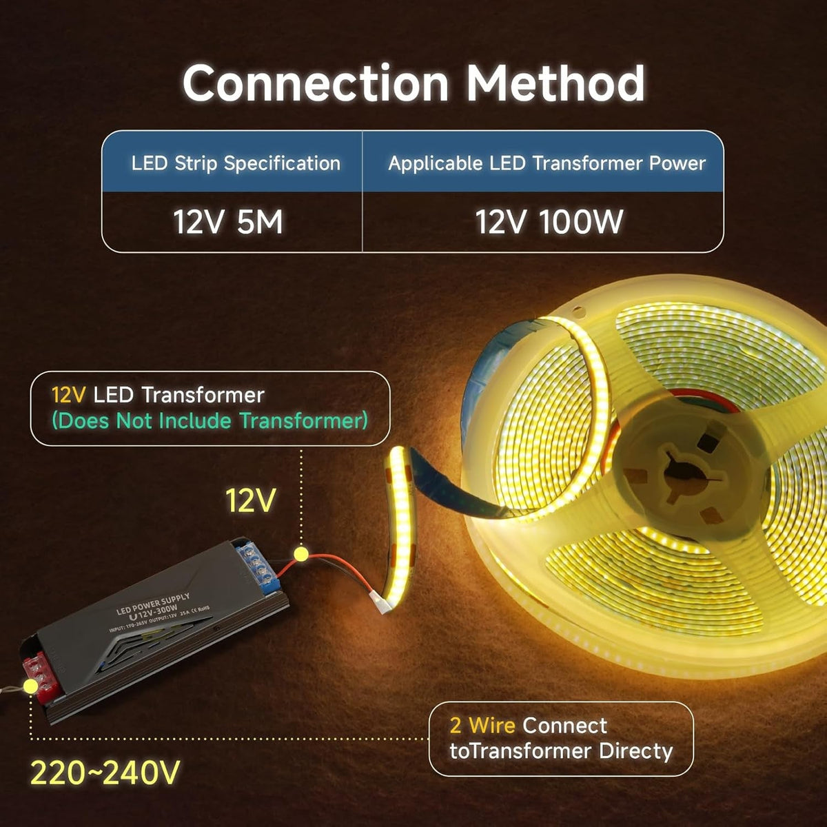 12V COB LED Strip Light Warm White 5M