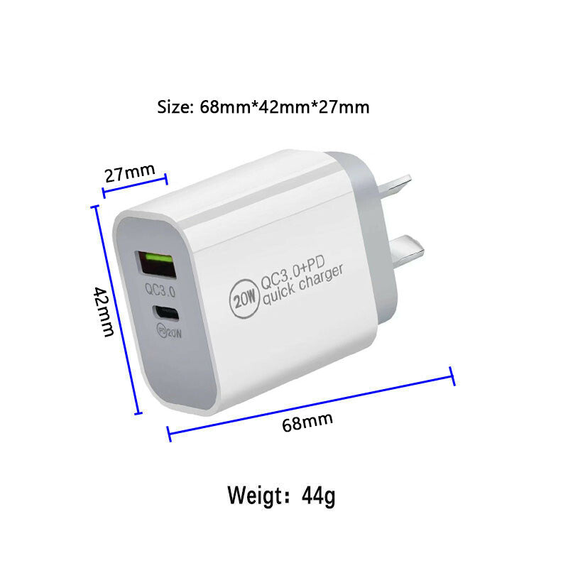 1x20W DUAL USB-C Type C Fast Wall Charger Adaptor QC3.0 For Android iPhone Apple