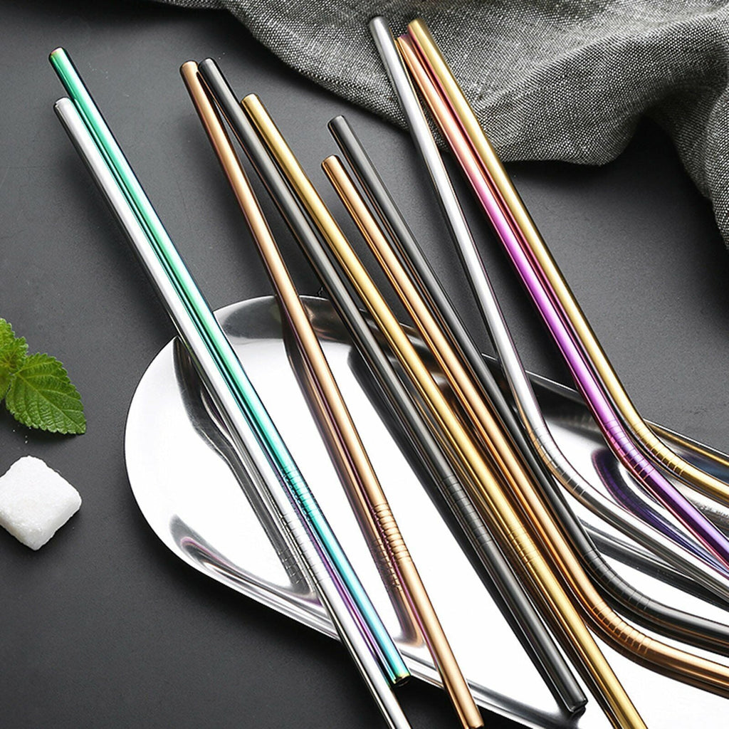 Reusable 304 Stainless Steel Straws Metal Drinking Washable Bent Straw + Brushes