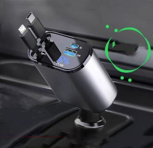 120w 4 IN 1 Retractable Car Fast Charger 2 Cable With USB Type C Port Adapter