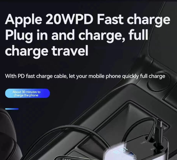 120w 4 IN 1 Retractable Car Fast Charger 2 Cable With USB Type C Port Adapter