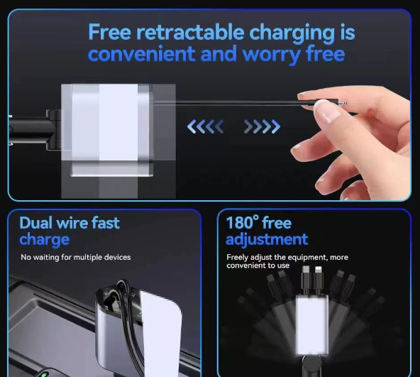 120w 4 IN 1 Retractable Car Fast Charger 2 Cable With USB Type C Port Adapter