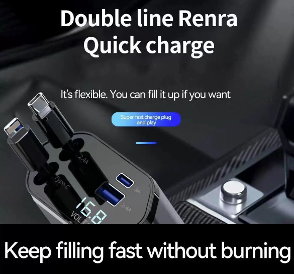 120w 4 IN 1 Retractable Car Fast Charger 2 Cable With USB Type C Port Adapter