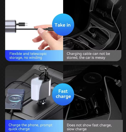 120w 4 IN 1 Retractable Car Fast Charger 2 Cable With USB Type C Port Adapter