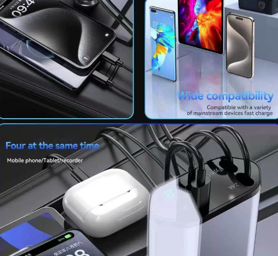 120w 4 IN 1 Retractable Car Fast Charger 2 Cable With USB Type C Port Adapter