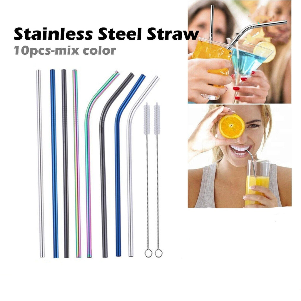 Reusable 304 Stainless Steel Straws Metal Drinking Washable Bent Straw + Brushes