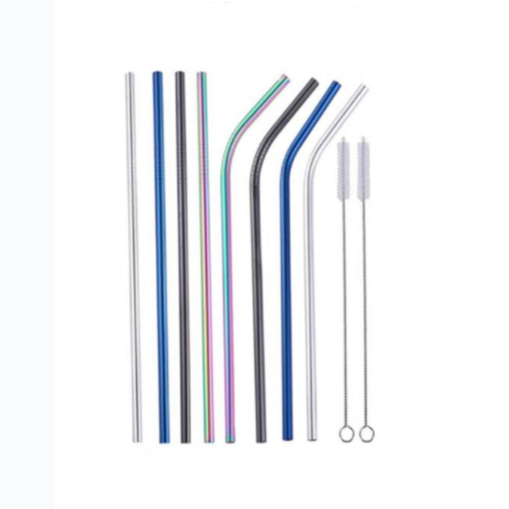 Reusable 304 Stainless Steel Straws Metal Drinking Washable Bent Straw + Brushes