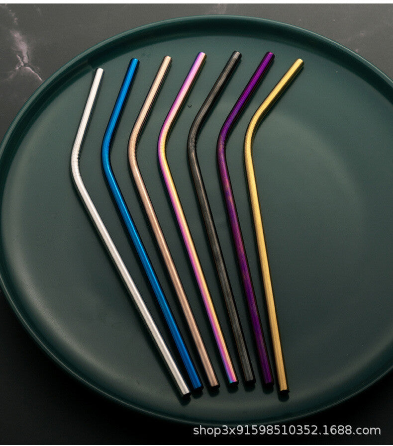 Reusable 304 Stainless Steel Straws Metal Drinking Washable Bent Straw + Brushes