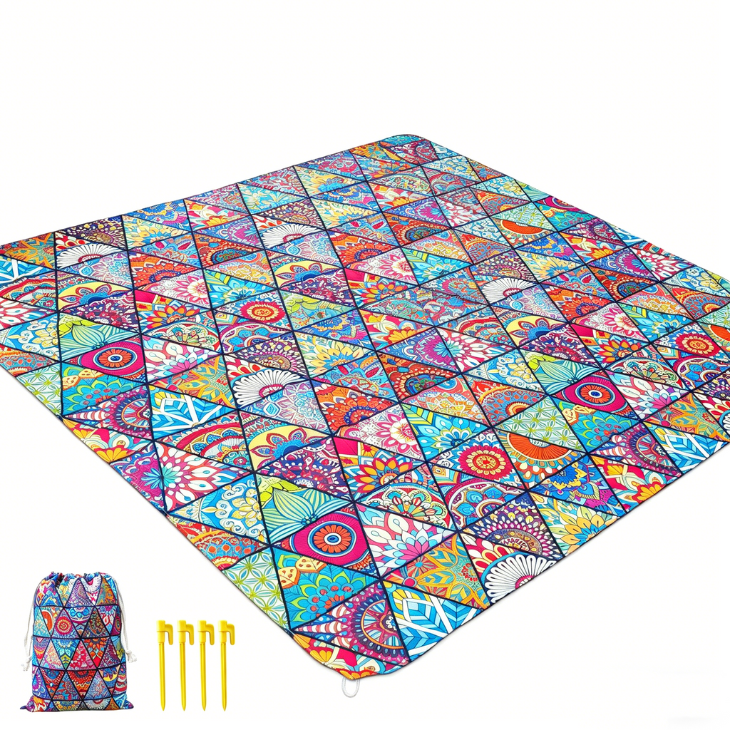 Beach Mat Blanket Waterproof Sandproof Picnic Mat w/Stakes Storage Bag 175x175cm