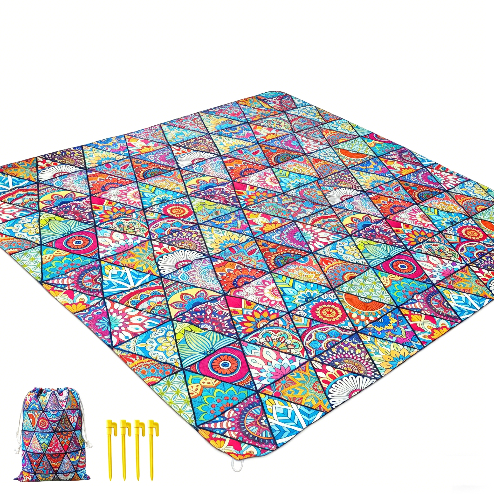 Beach Mat Blanket Waterproof Sandproof Picnic Mat w/Stakes Storage Bag 175x175cm