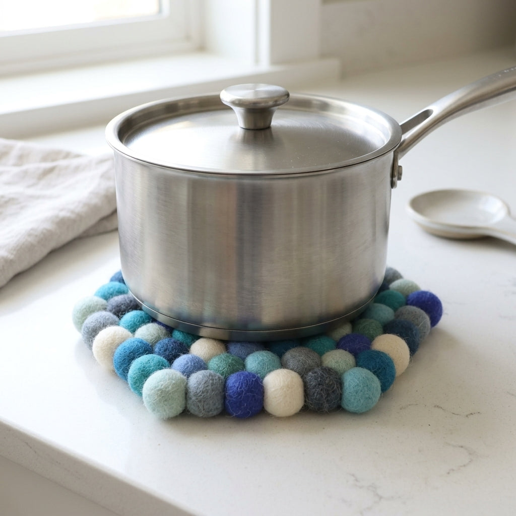 Ocean Mix Blue Wool Felt Trivet Heat Mat – Handmade Pot Mat