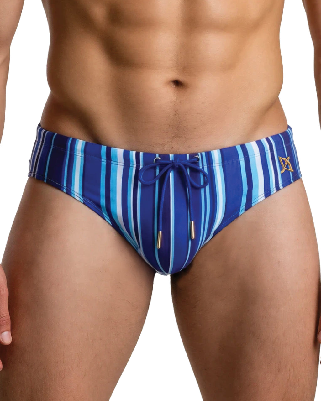 Bow Swim Brief | Decoded Stripe Blue | Bold Stripes, Gold Hardware