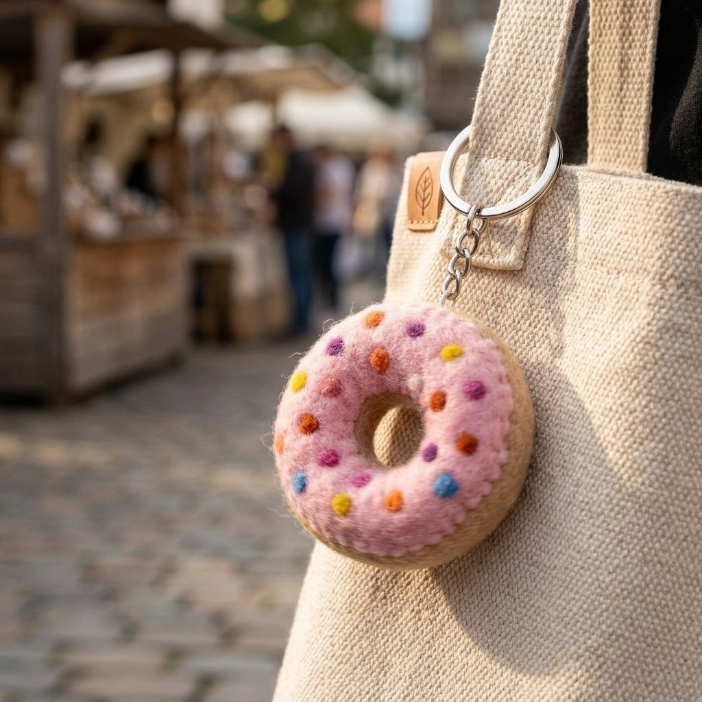 Pink Sprinkle Wool Felt Donut Keychain - Handmade in Nepal