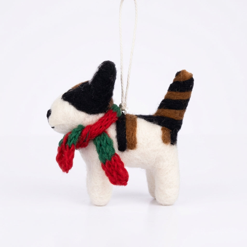Handmade Wool Felt Calico Cat with Christmas Scarf Ornament