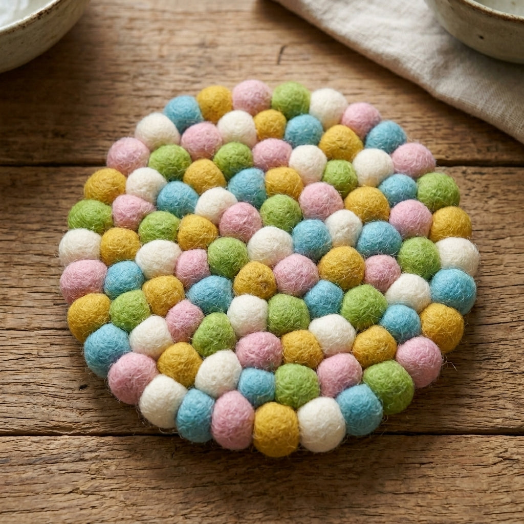 Pastel Confetti Round Wool Felt Trivet Heat Mat – Handmade Pot Mat