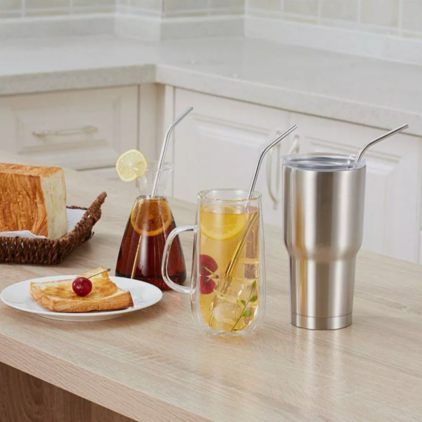 Reusable 304 Stainless Steel Straws Metal Drinking Washable Bent Straw + Brushes