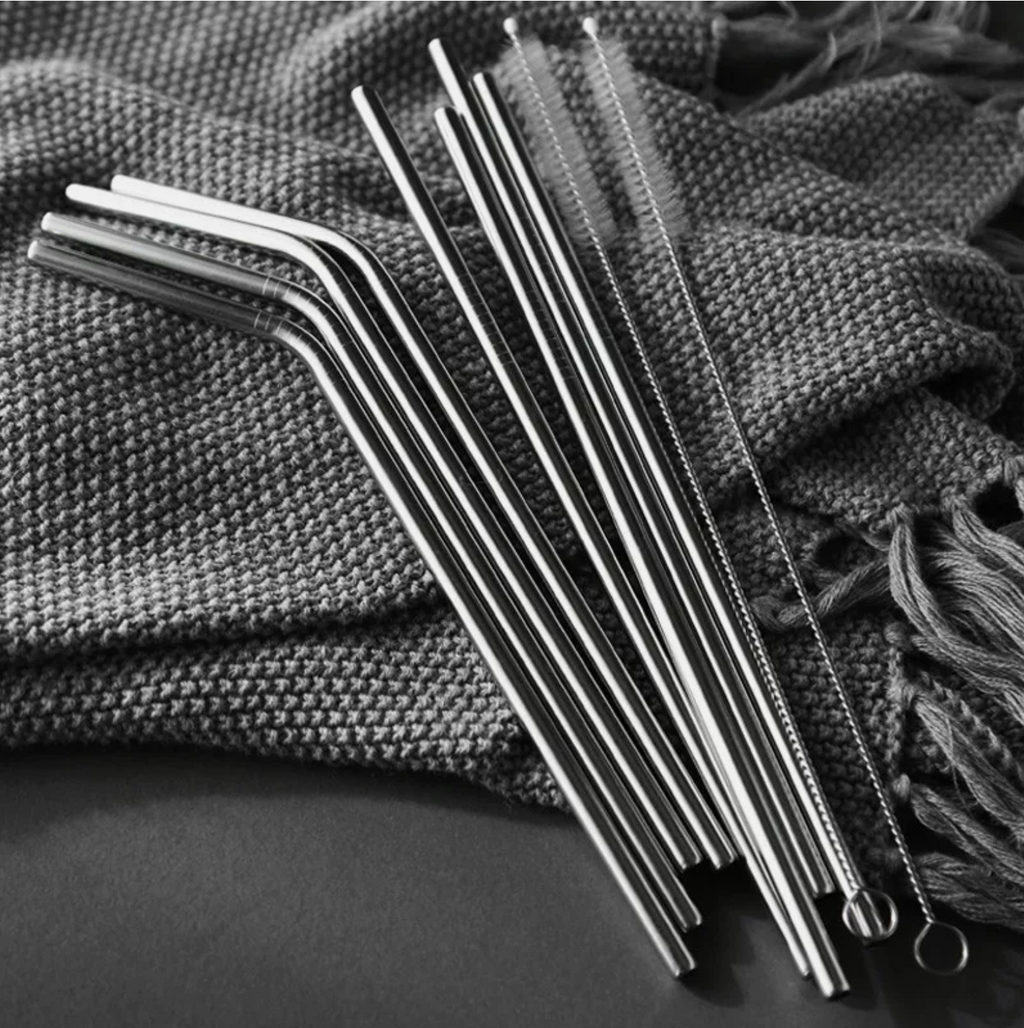 Reusable 304 Stainless Steel Straws Metal Drinking Washable Bent Straw + Brushes