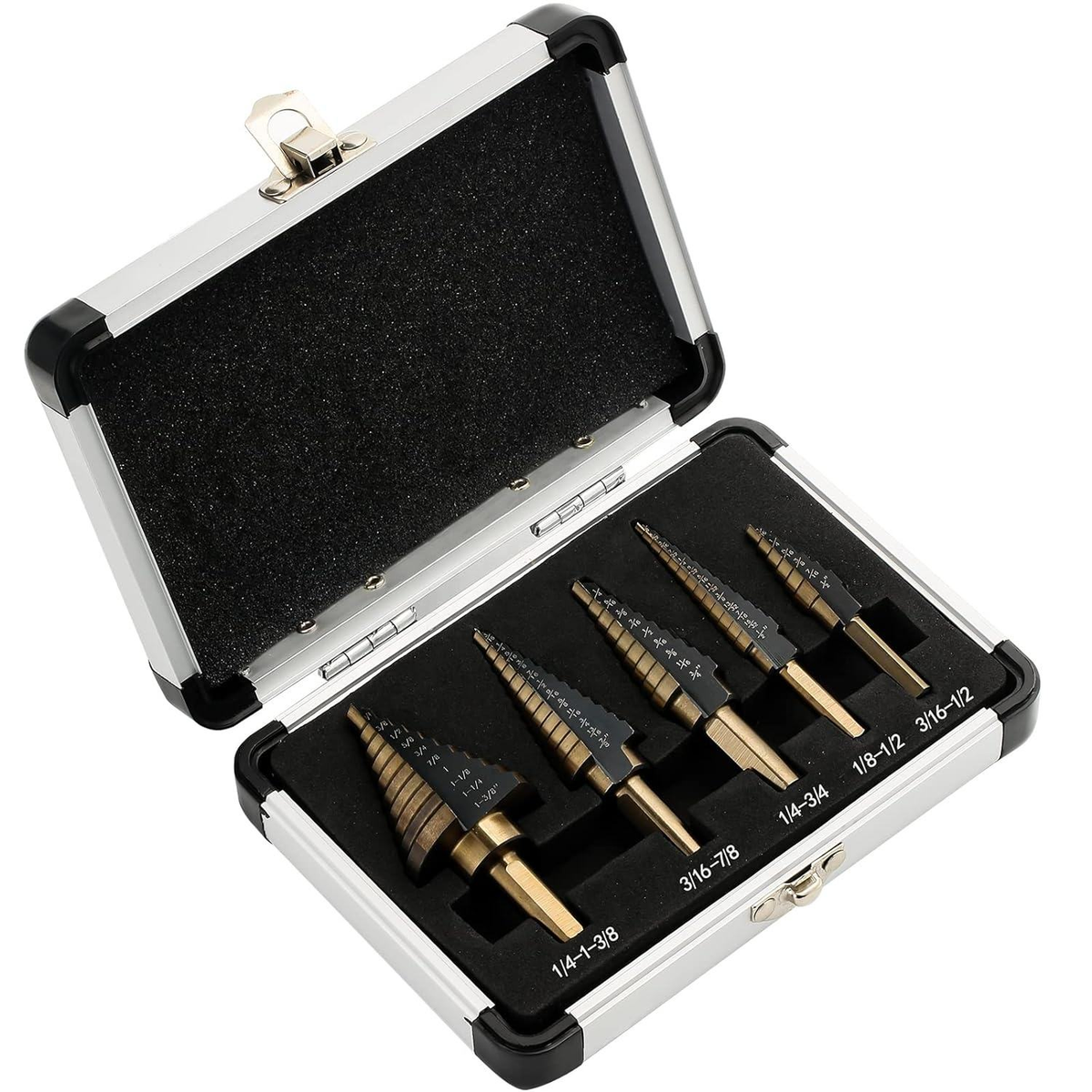 5PCS HSS Step Steel Cone Drill Titanium Bits Set Kit Hole Cutter + Aluminum Case