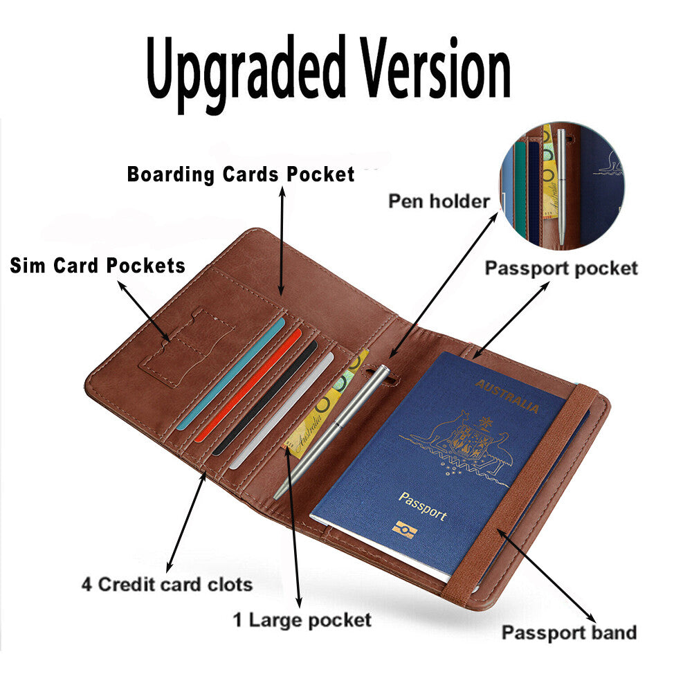 Slim Leather Travel Passport Pen Wallet Holder RFID Blocking ID Card Case Cover