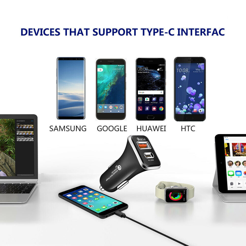 Type C Car Charger Adapter USB QC3.0 PD Type-C Quick Charging Cigarette Lighter