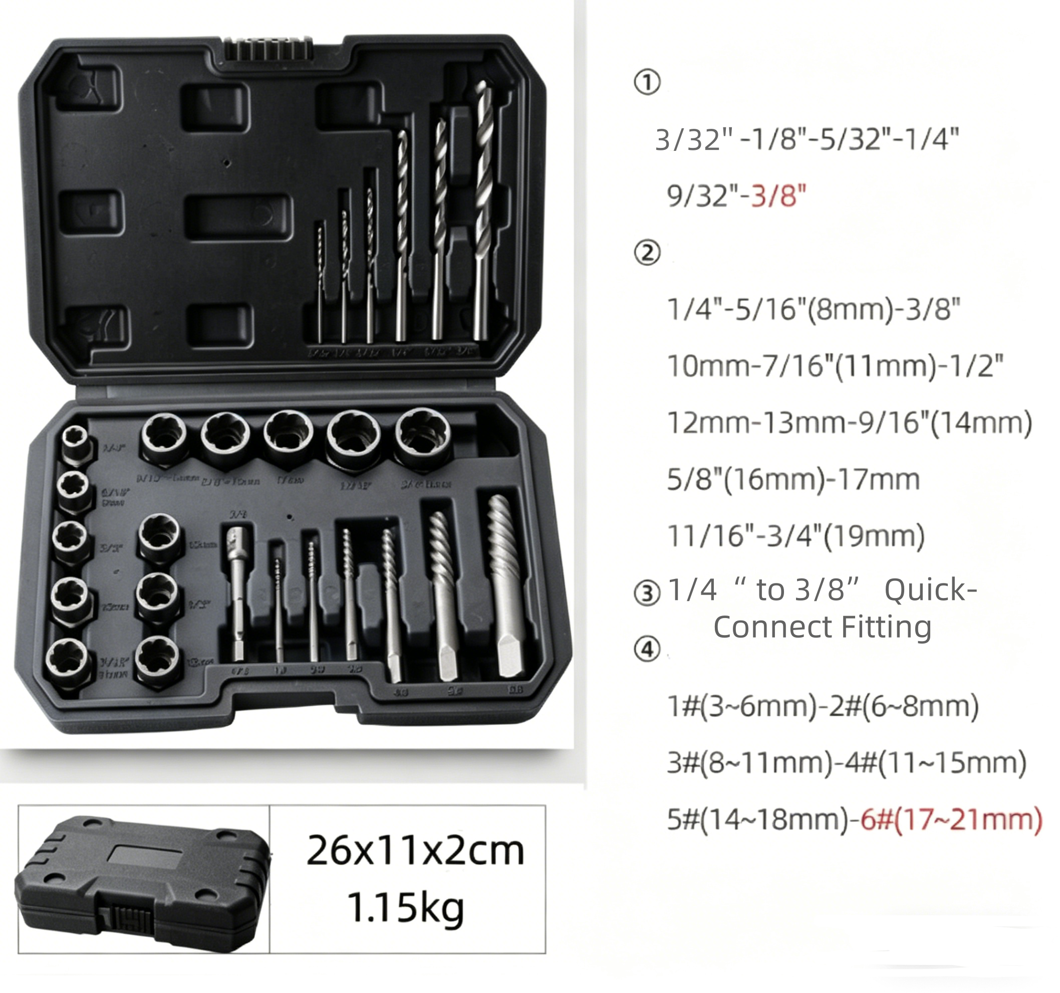 26PCS Easy Out Stripped Screw Remover Socket Set Tool