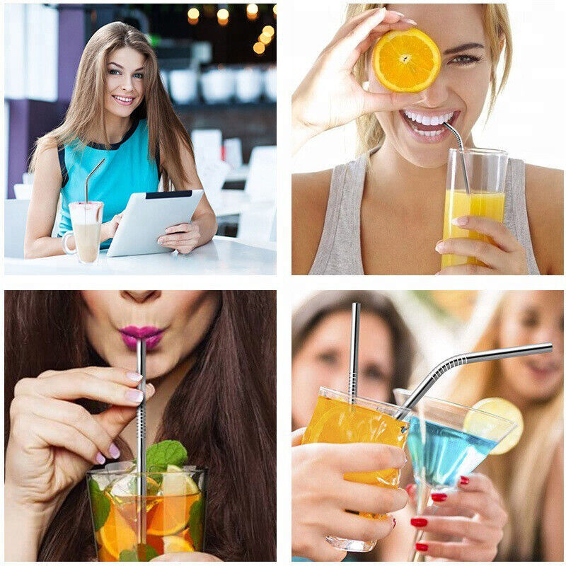 Reusable 304 Stainless Steel Straws Metal Drinking Washable Bent Straw + Brushes