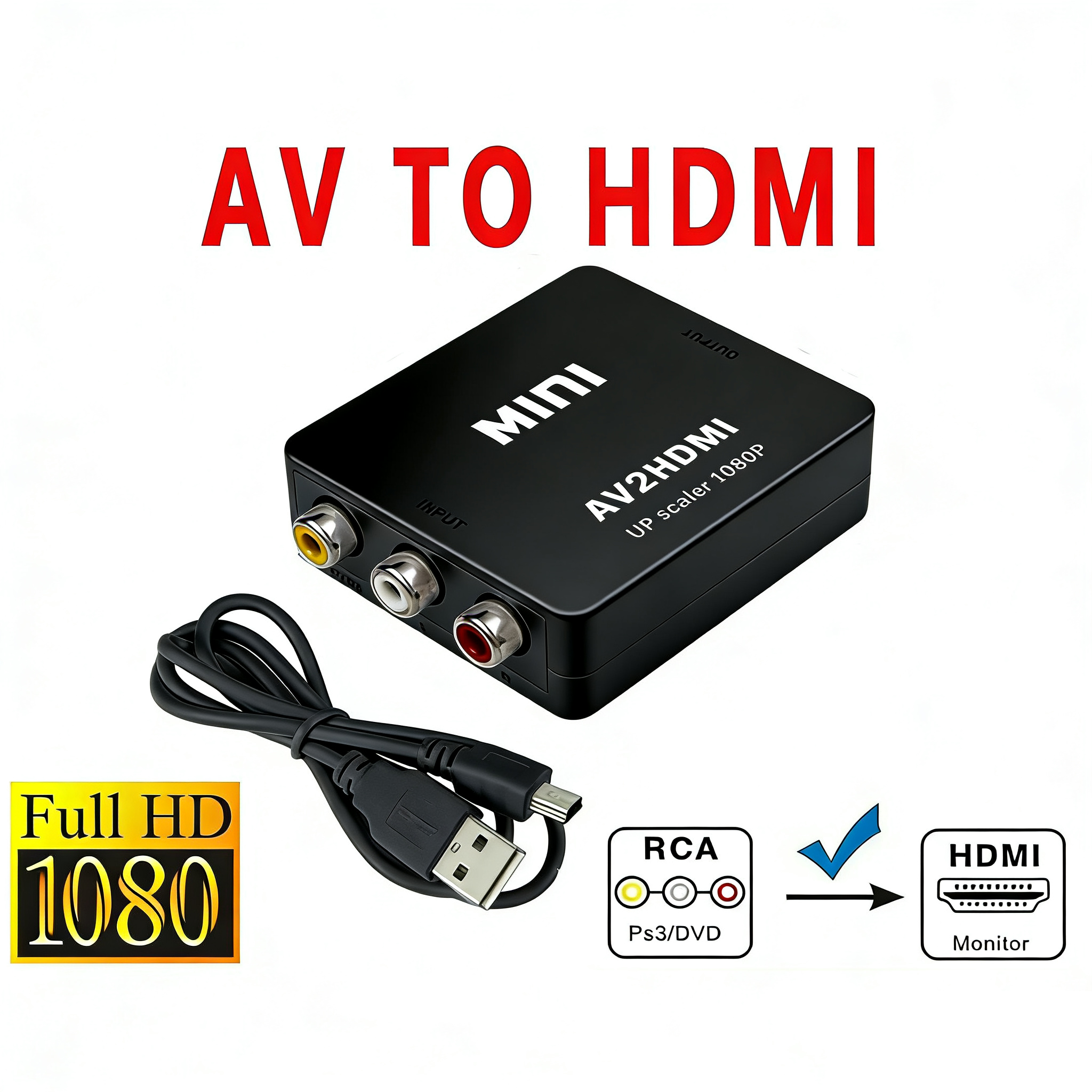 HDMI to AV Converter Output Digital to RCA Analog Audio/Video Input Composite