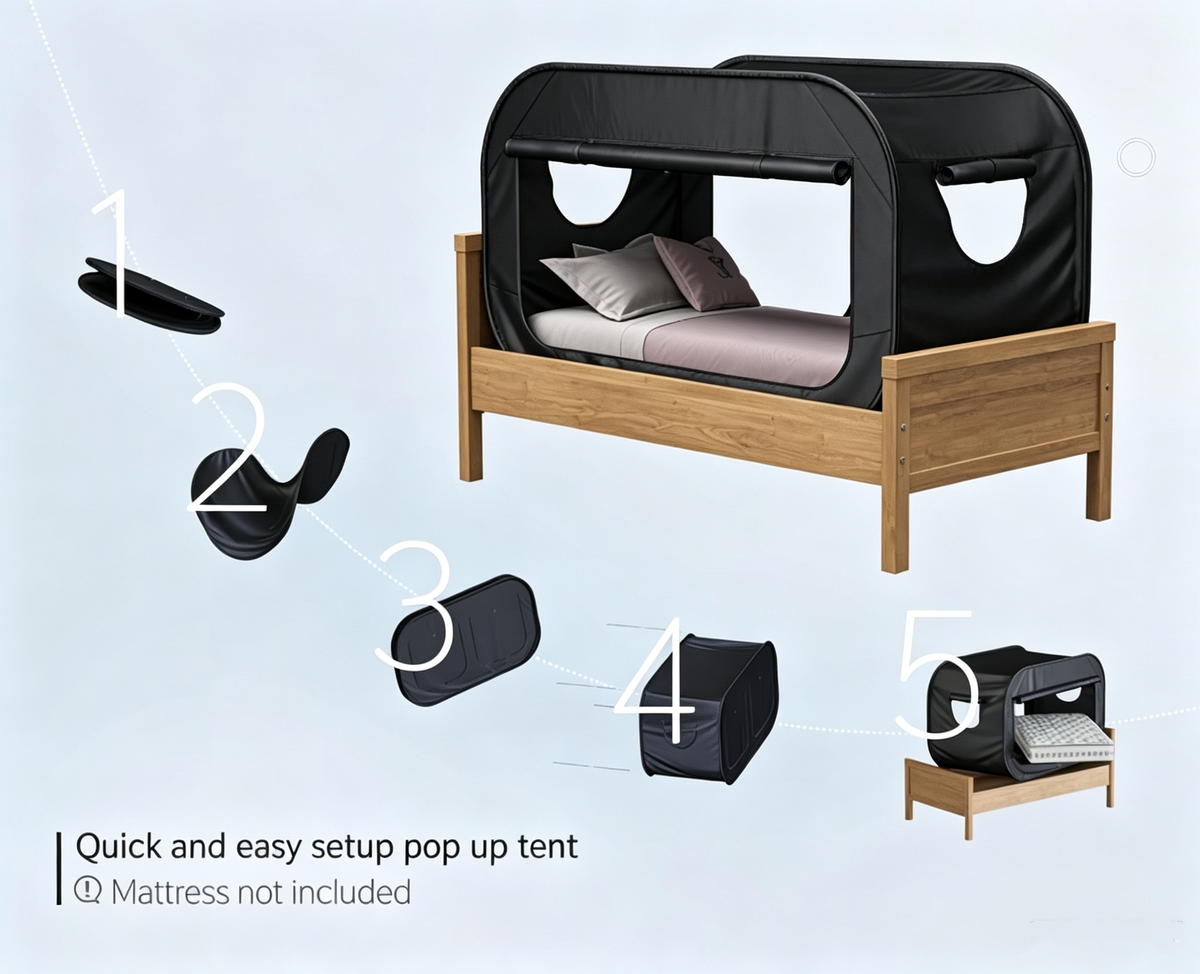 Pop Up Bed Tent Black Bed Canopy Shelter Cabin Indoor Privacy