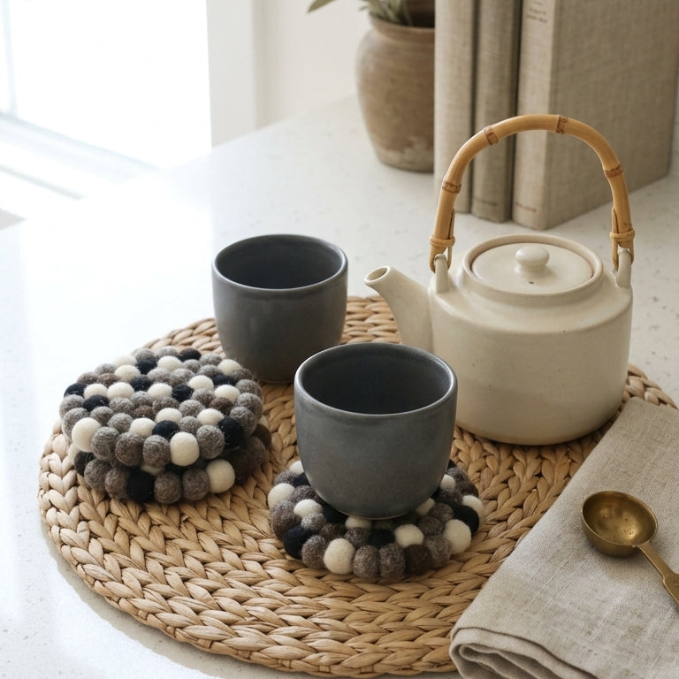 Monochrome Pebble / Black Wool Felt Coasters – Set of 4