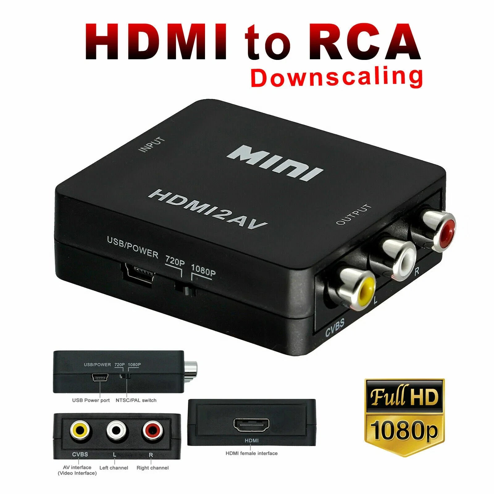HDMI to AV Converter Output Digital to RCA Analog Audio/Video Input Composite